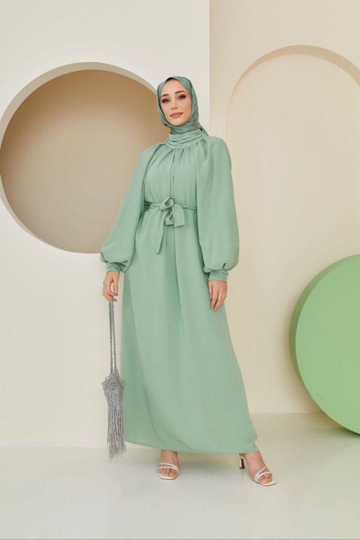 Alisa Balon Kol Krep Elbise - Mint