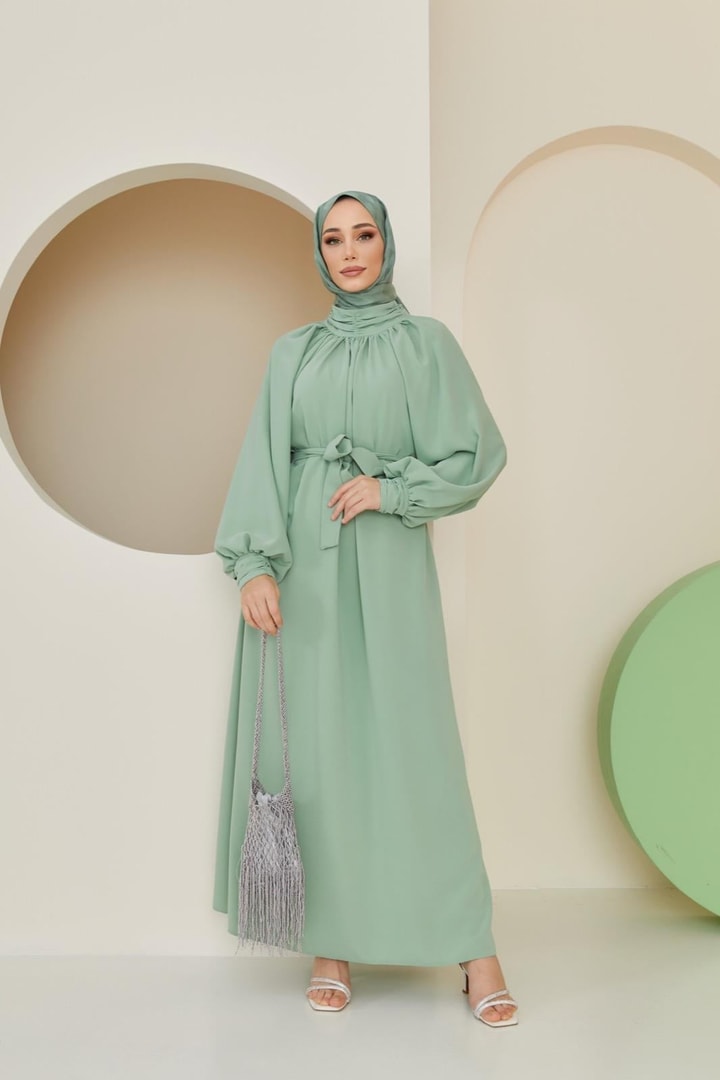 Alisa Balon Kol Krep Elbise - Mint
