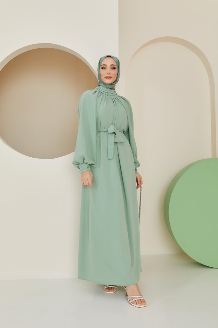 Alisa Balon Kol Krep Elbise - Mint