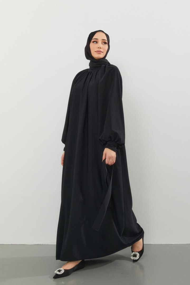 Alisa Balon Kol Krep Elbise - Siyah