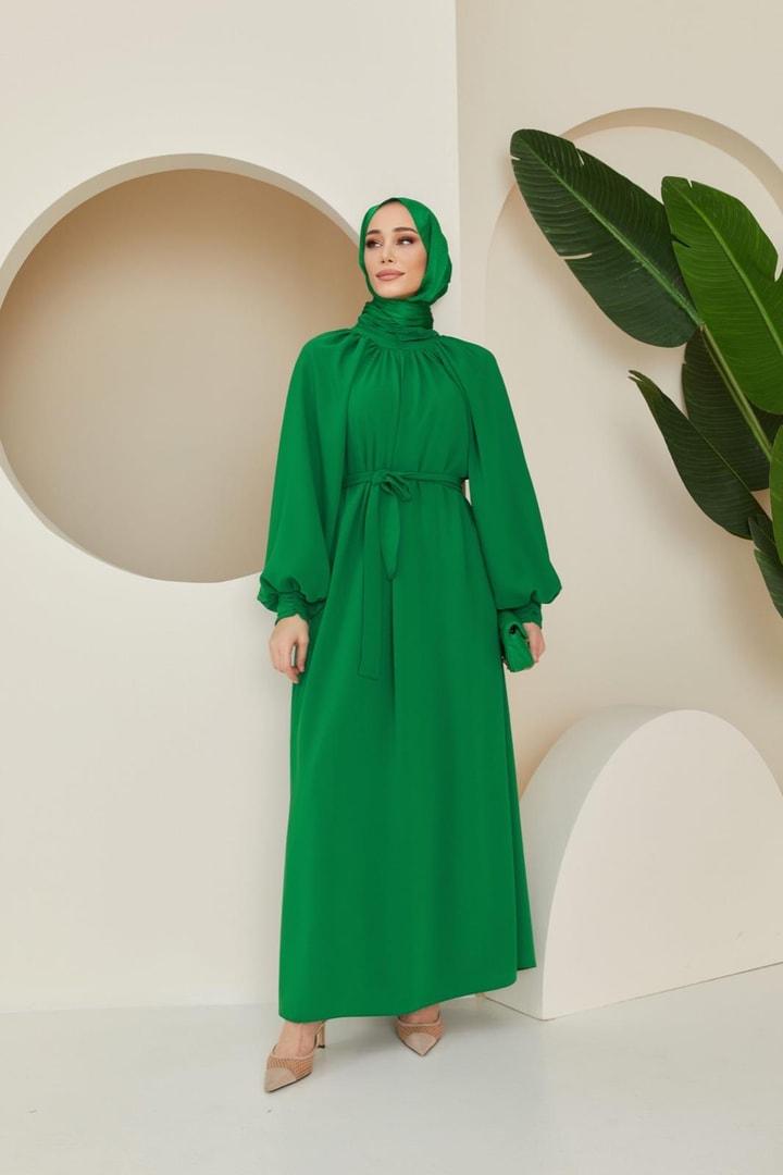 Alisa Balon Kol Krep Elbise - Zümrüt