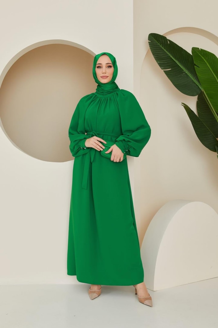 Alisa Balon Kol Krep Elbise - Zümrüt