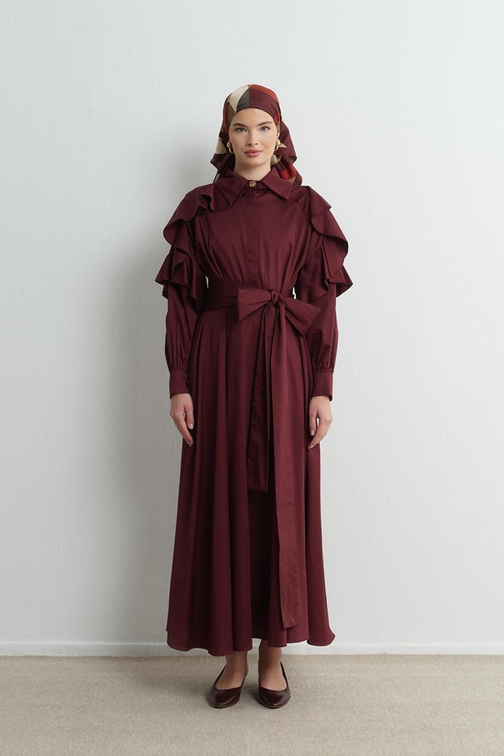 Alora Fırfır Detay Astarlı Elbise - Bordo