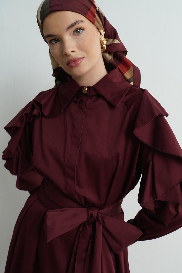 Alora Fırfır Detay Astarlı Elbise - Bordo