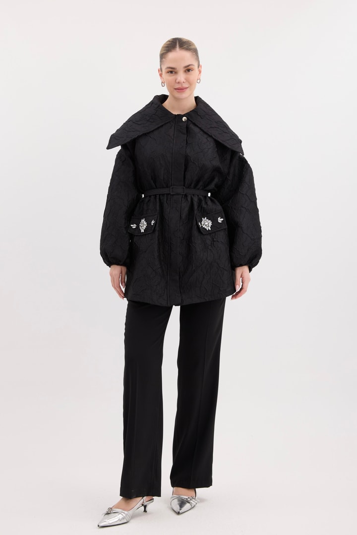Amon Sella Bel Büzgülü Jakar Ceket - Siyah