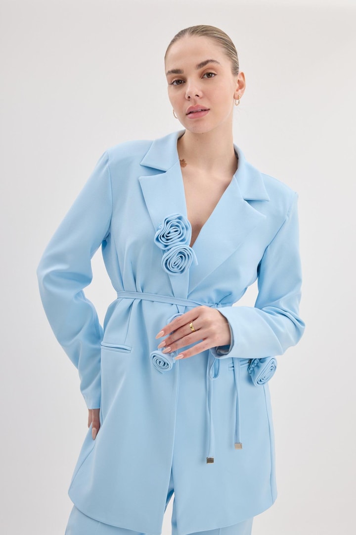 Amore Gül Aksesuarlı Ceket Takım - bebe mavisi