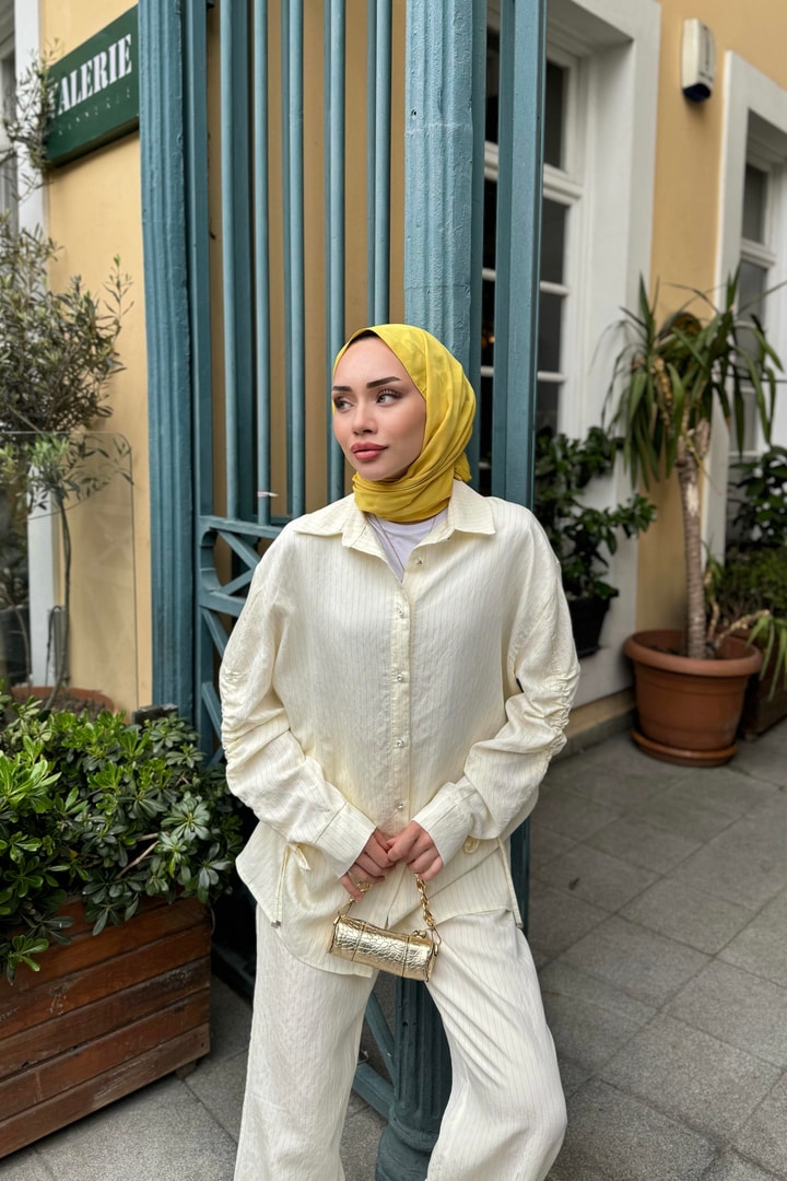 Andreina Kolları Büzgülü Çizgili Takım - Sarı