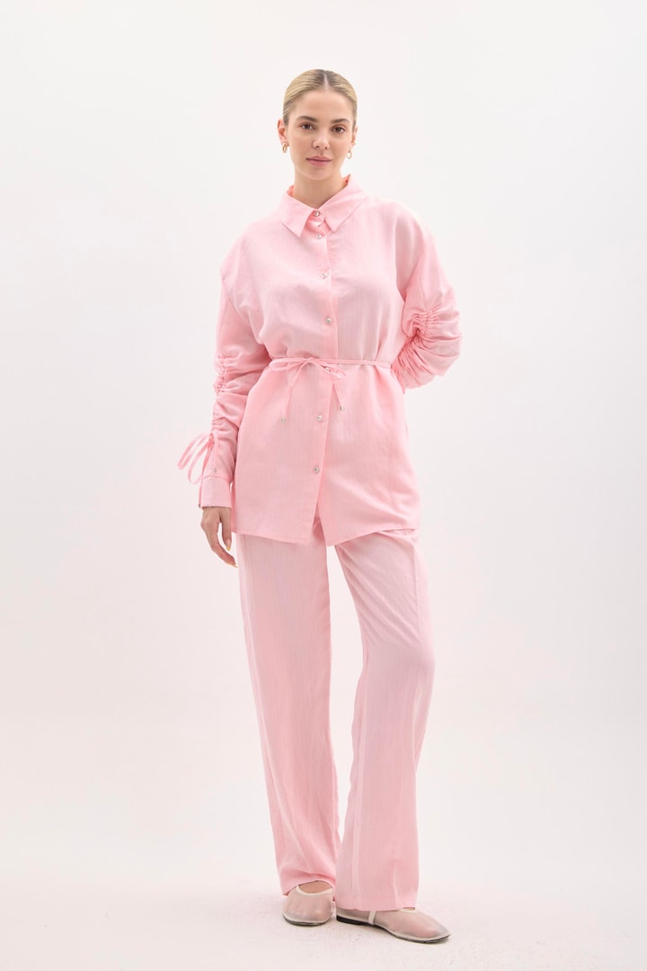 Andreina Kolları Büzgülü Çizgili Takım - Pembe