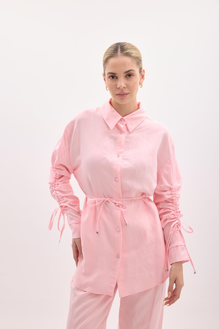 Andreina Kolları Büzgülü Çizgili Takım - Pembe