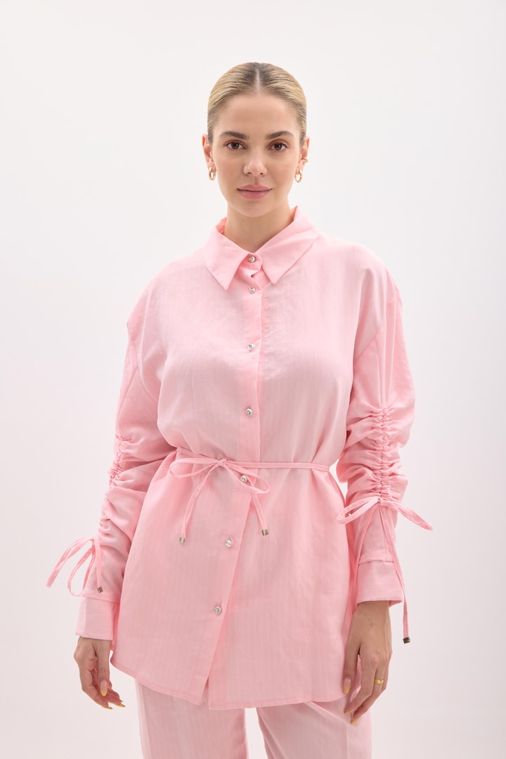 Andreina Kolları Büzgülü Çizgili Takım - Pembe