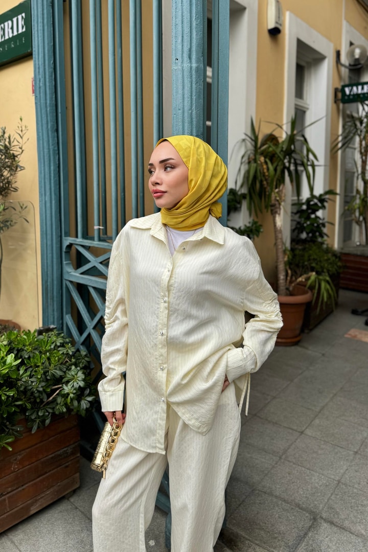Andreina Kolları Büzgülü Çizgili Takım - Sarı