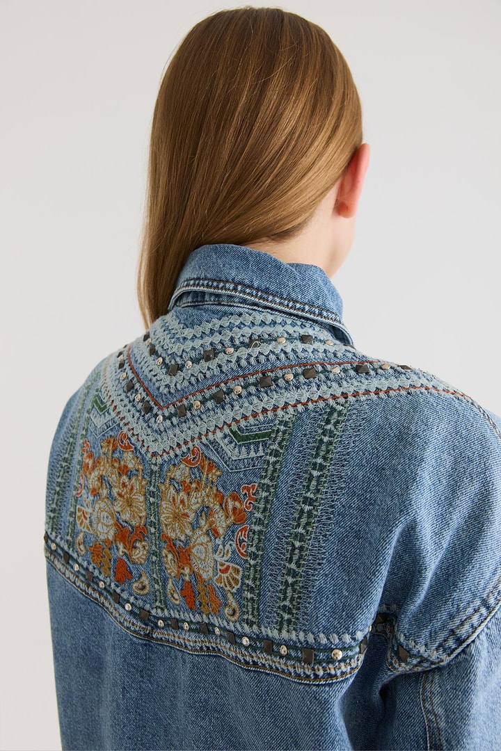 Andrey Cep Detaylı İşlemeli Kot Ceket - Mavi