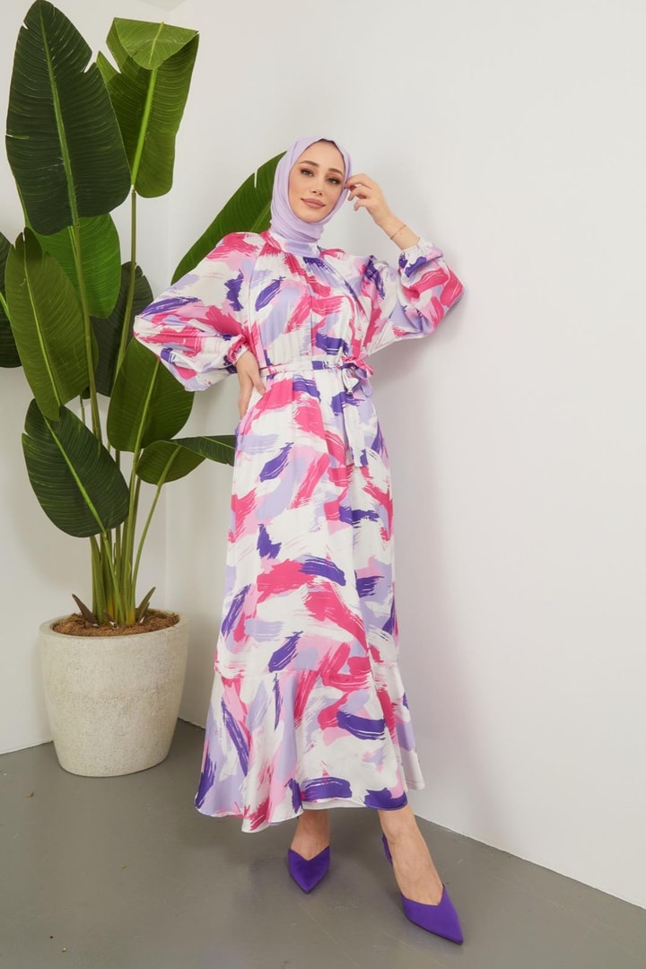 Angel Saten Desenli Elbise - Mor