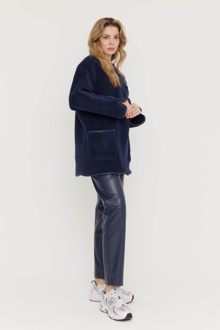 Aplikeli Kürklü Deri Ceket - Lacivert
