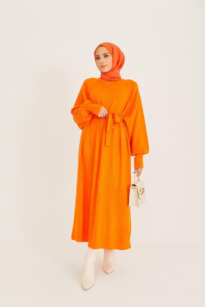 Ara Boy Kuşaklı Triko Elbise - Orange