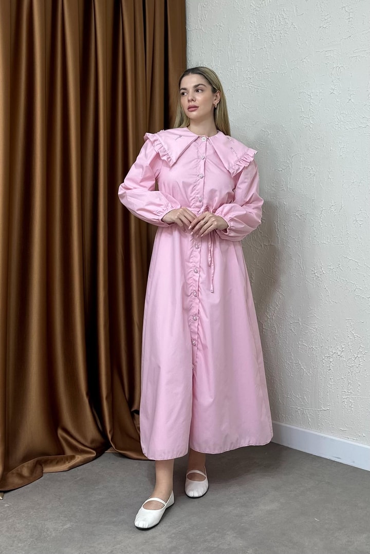 Ariasa Yaka Detaylı Elbise - Pembe