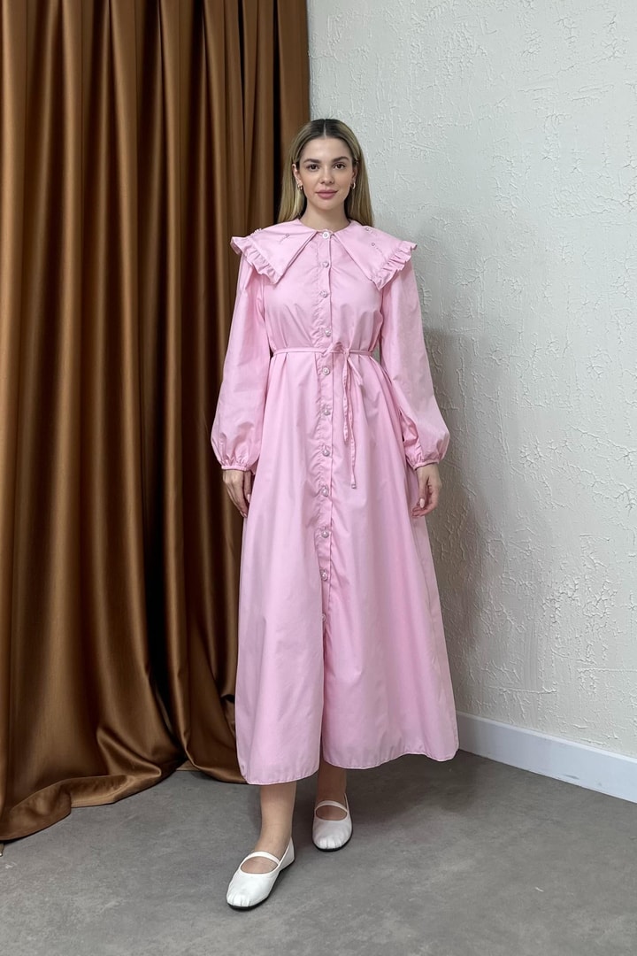 Ariasa Yaka Detaylı Elbise - Pembe