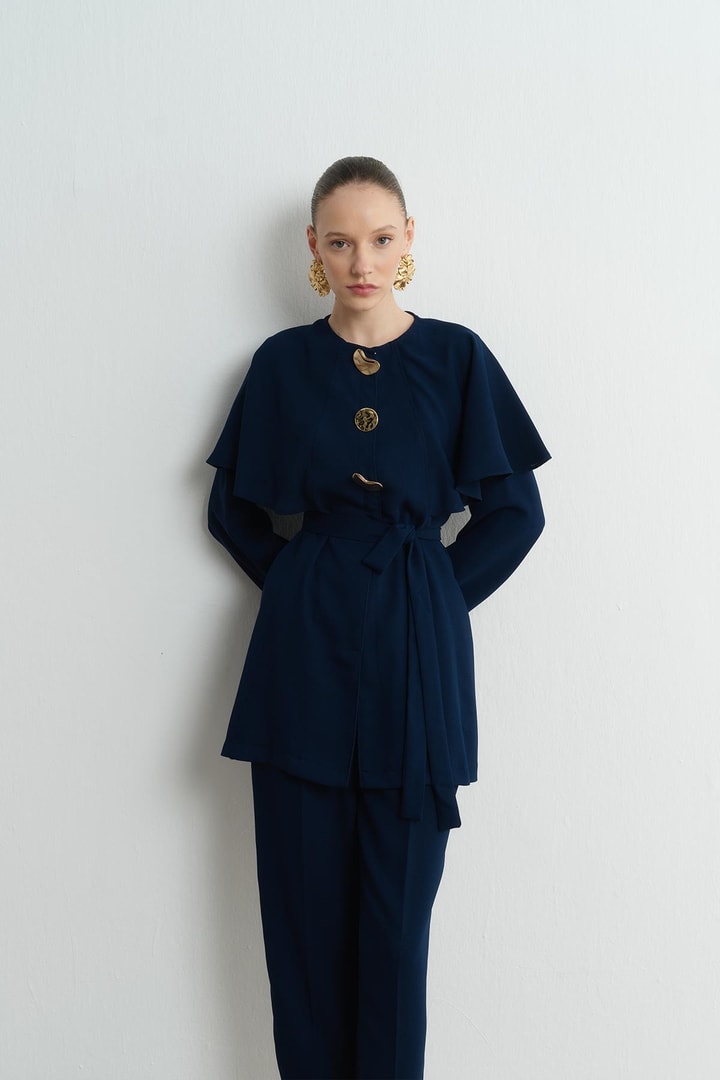Asos Pelerinli Krep Takım - Lacivert