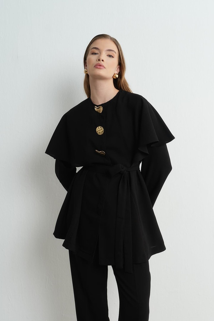 Asos Pelerinli Krep Takım - Siyah