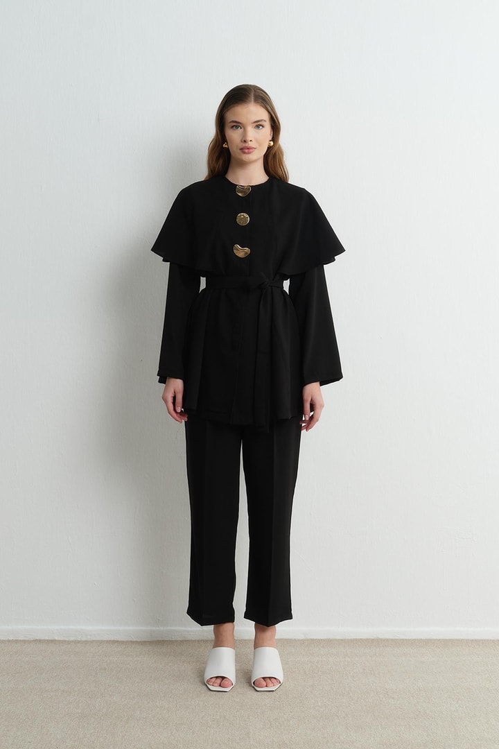 Asos Pelerinli Krep Takım - Siyah