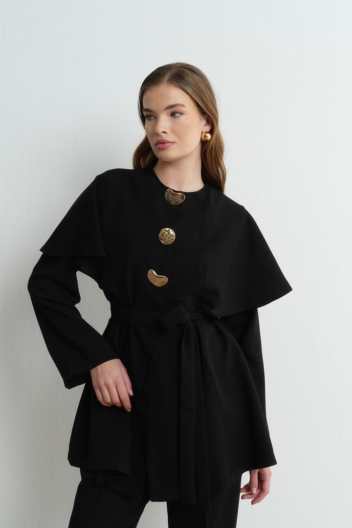 Asos Pelerinli Krep Takım - Siyah