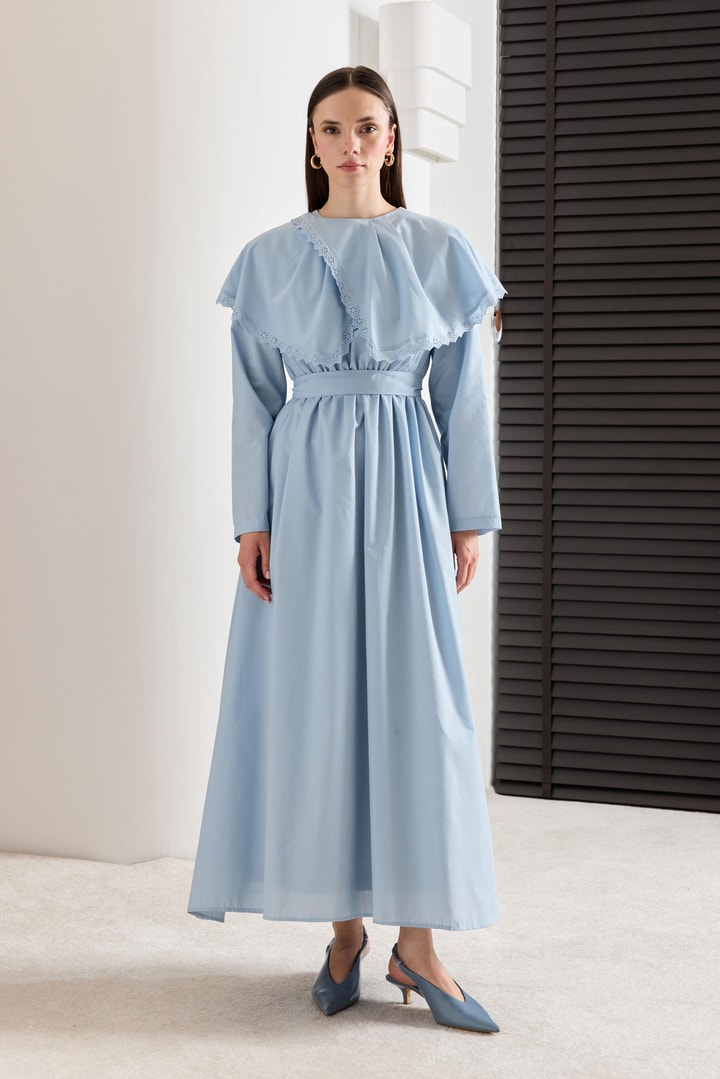 Audrey Geniş Yaka Dantelli Elbise - bebe mavisi