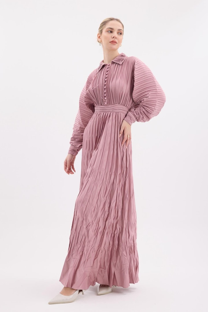 Azur Düğmeli Piliseli Elbise - Pembe
