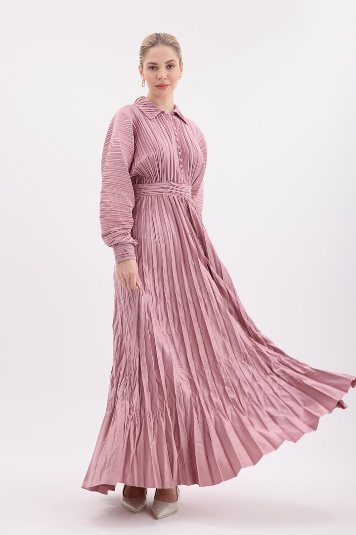 Azur Düğmeli Piliseli Elbise - Pembe