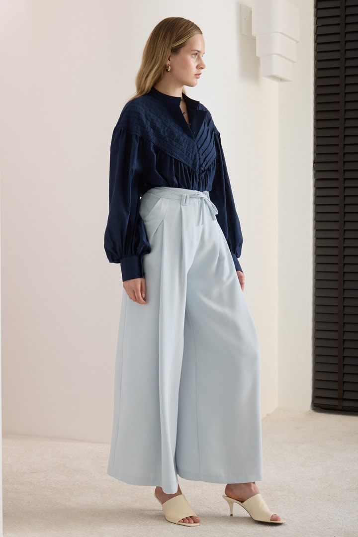 Bağlamalı Keten Pantolon - Mavi
