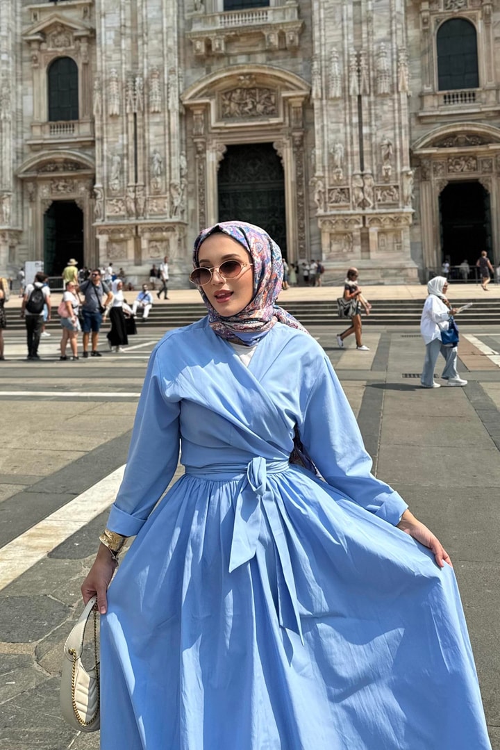 Bağlamalı Poplin Etek Takım - Mavi
