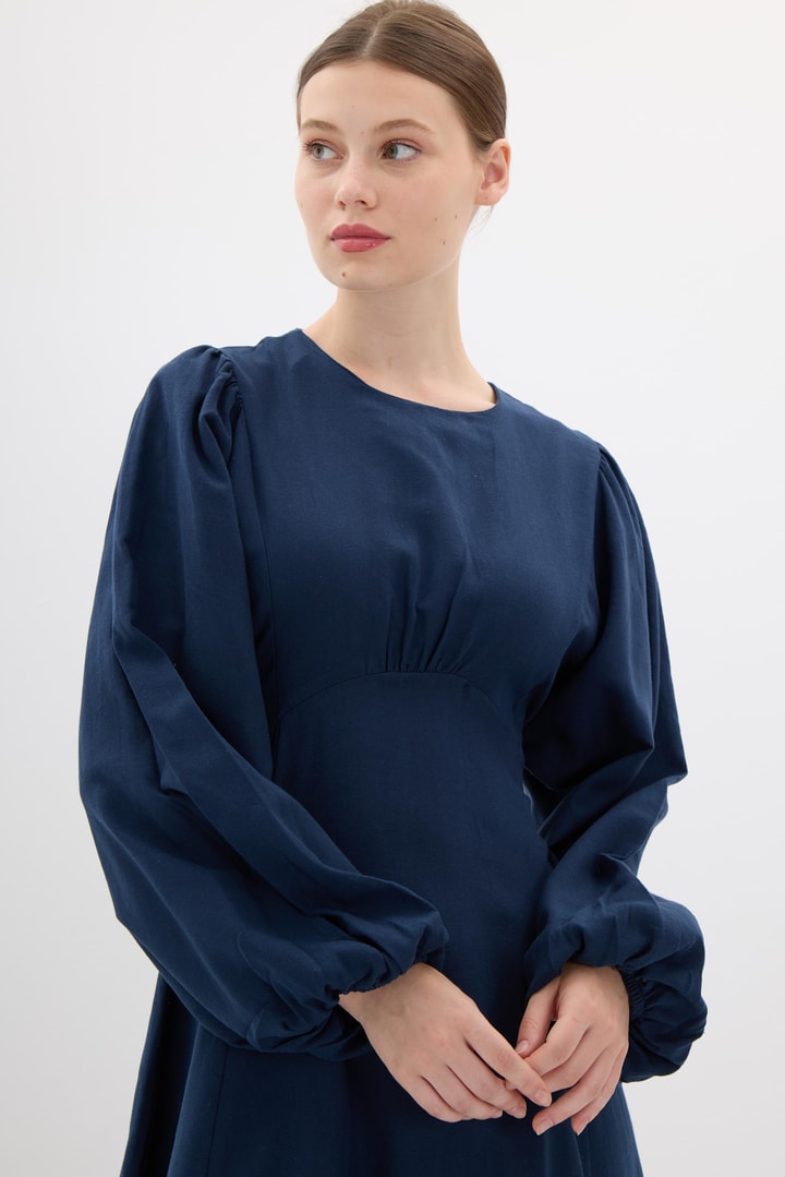 Balon Kol Keten Elbise - Lacivert