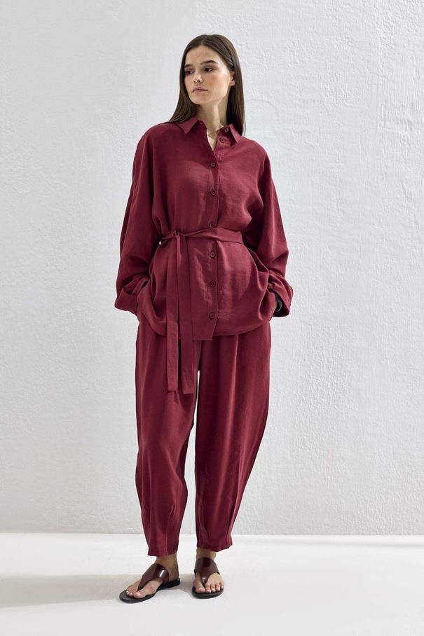 Basic Oversize Pantolon Takım - Bordo