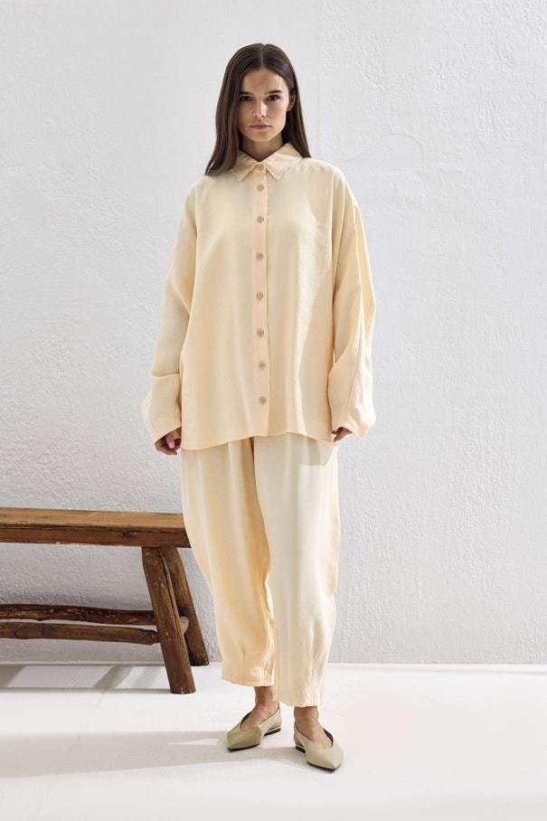 Basic Oversize Pantolon Takım - Krem