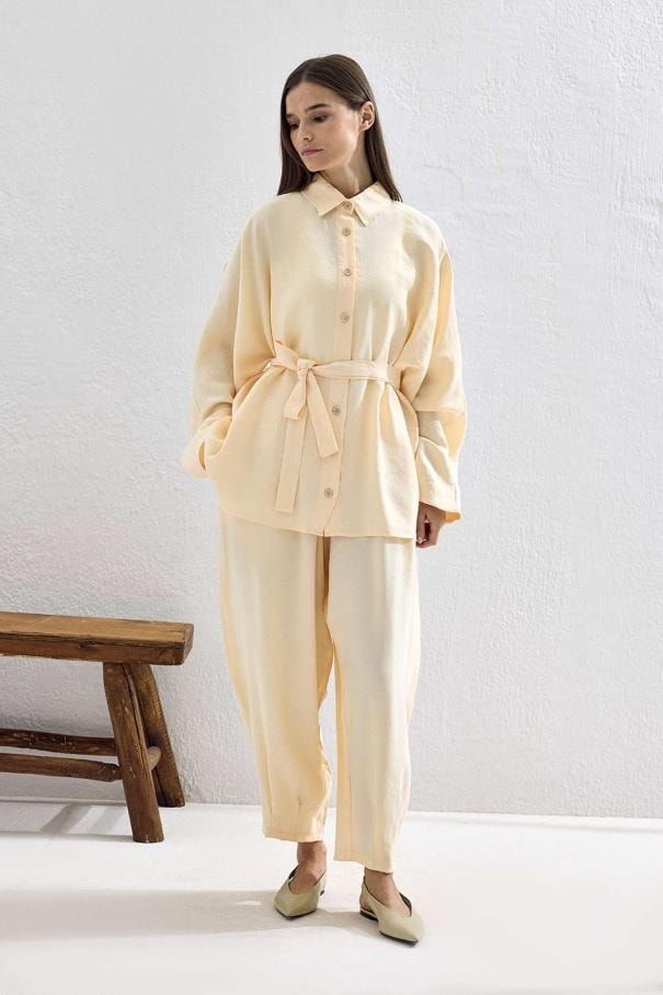 Basic Oversize Pantolon Takım - Krem
