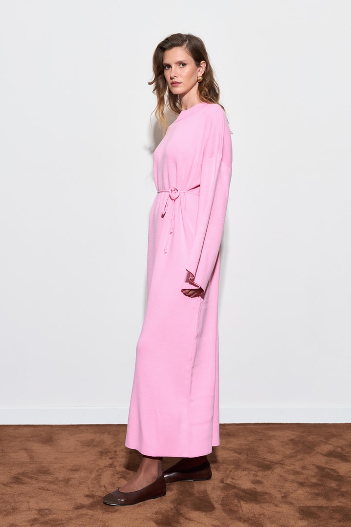 Basic Triko Kuşaklı Elbise - Pembe