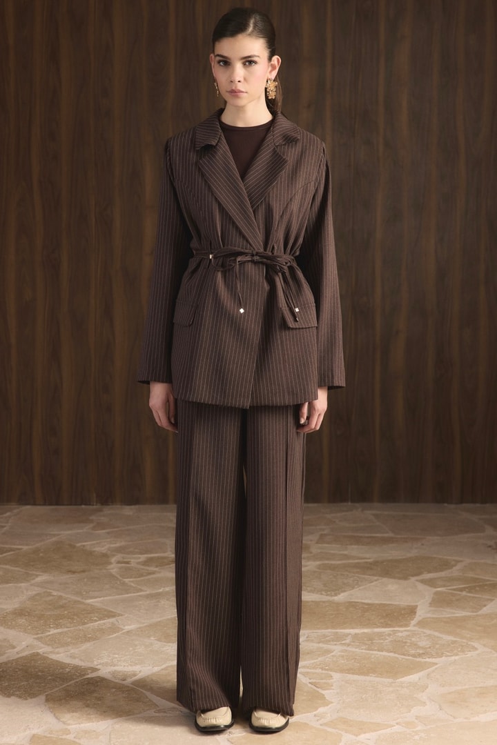 Bel Bağlamalı Blazer Ceket Takım - Acı Kahve