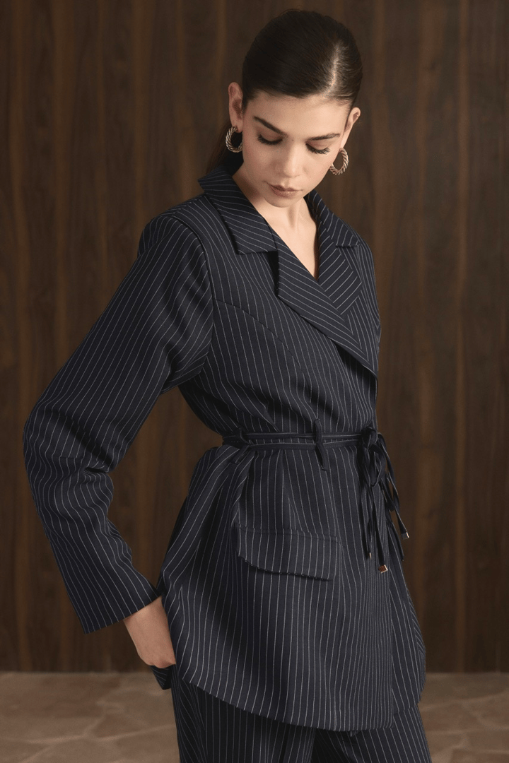Bel Bağlamalı Blazer Ceket Takım - Koyu Lacivert