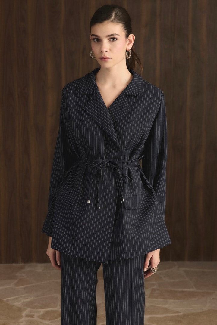 Bel Bağlamalı Blazer Ceket Takım - Koyu Lacivert