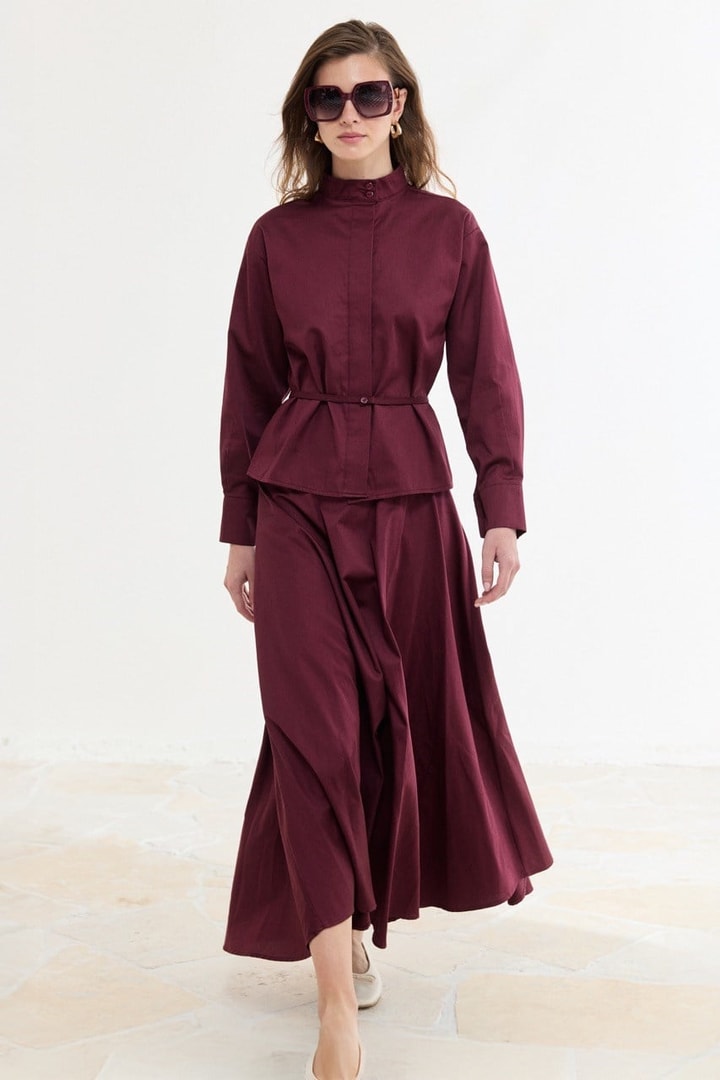 Bel Detaylı Compact Saten Etek Takım - Bordo