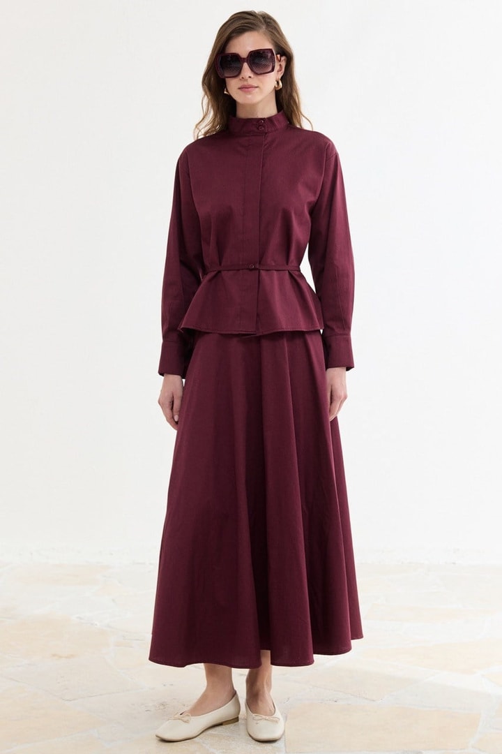 Bel Detaylı Compact Saten Etek Takım - Bordo