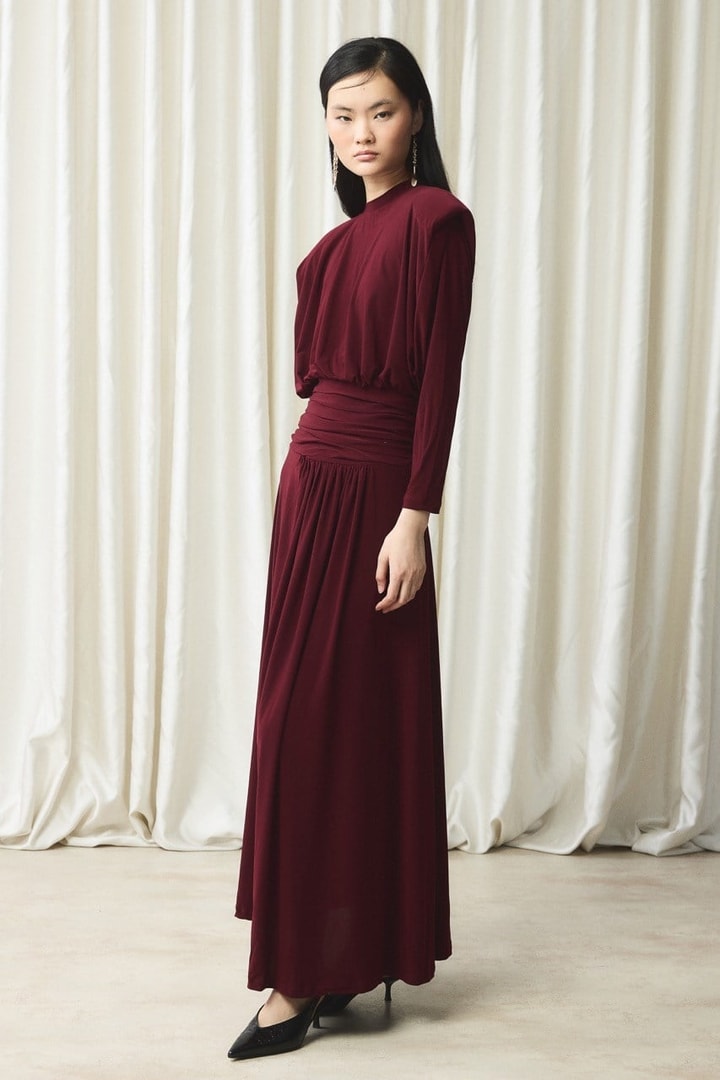 Bel Pileli Sendy Elbise - Bordo