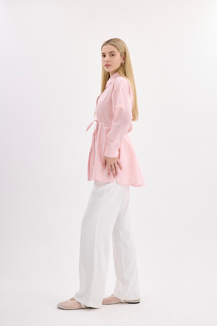 Belary Üçgen Taşlı Çizgili Gömlek - Pembe