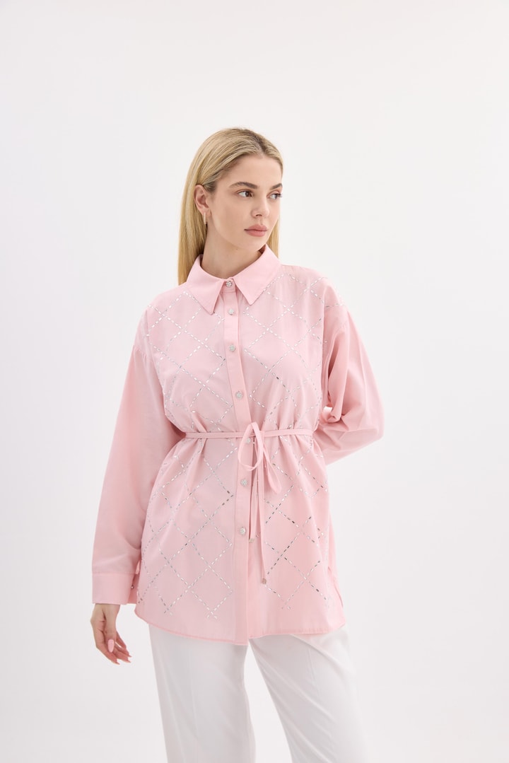 Belary Üçgen Taşlı Çizgili Gömlek - Pembe