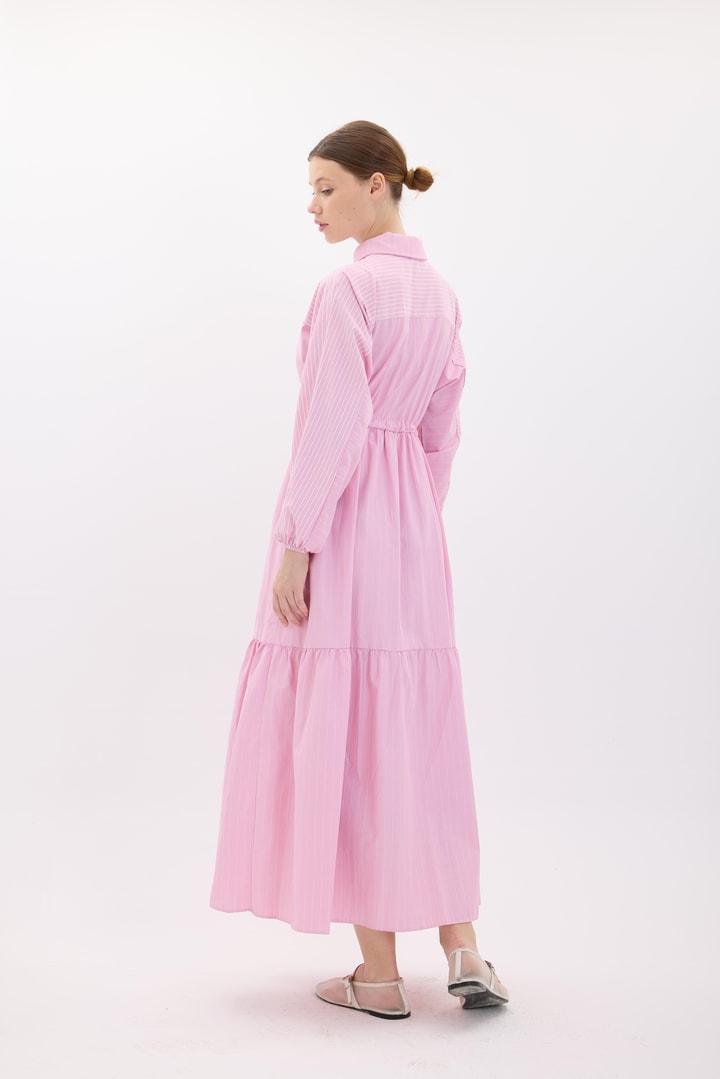 Belden Bağlamalı Çizgili Elbise - Pembe