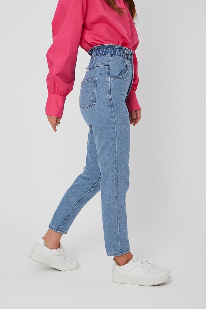 Beli Lastikli Mom Jean - Açık Mavi