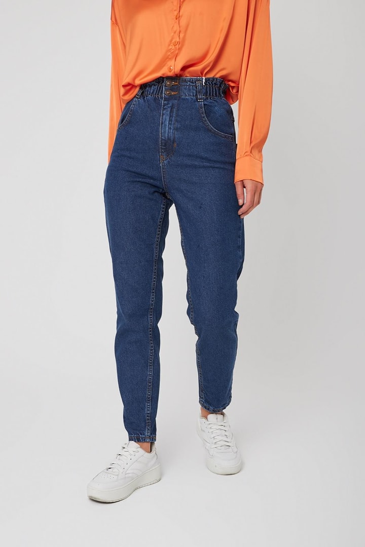 Beli Lastikli Mom Jean - Koyu Mavi
