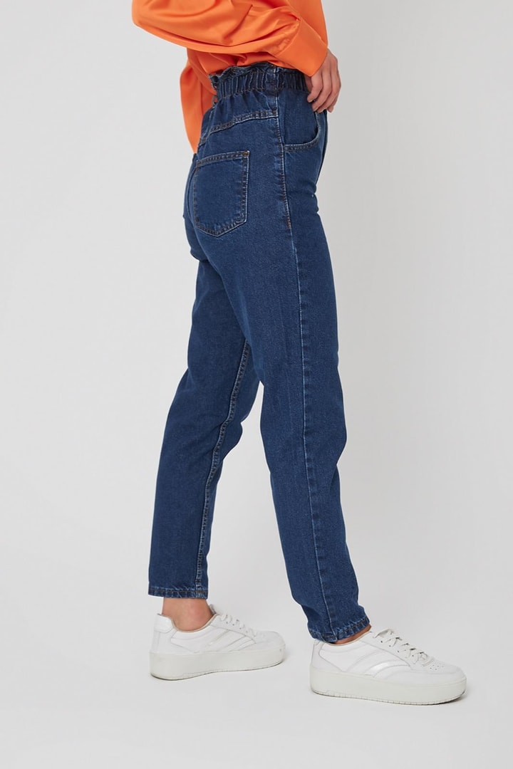 Beli Lastikli Mom Jean - Koyu Mavi