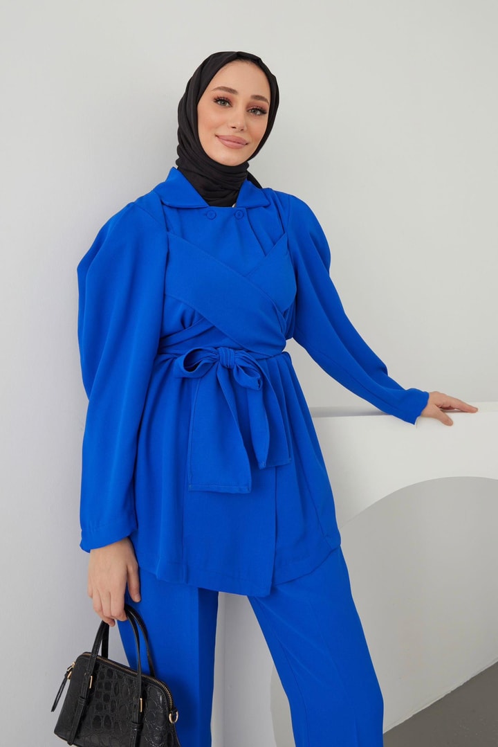 Belina Bağlamalı Ceket Takım - saks mavisi