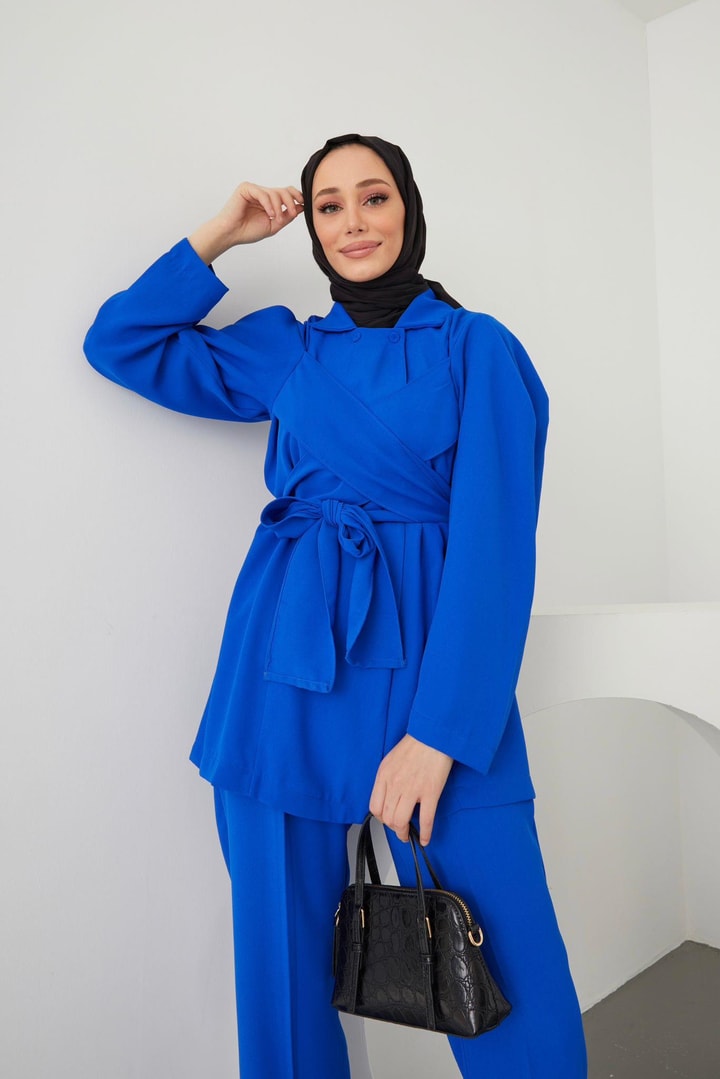 Belina Bağlamalı Ceket Takım - saks mavisi