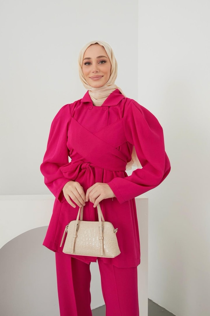 Belina Bağlamalı Ceket Takım - Vişne